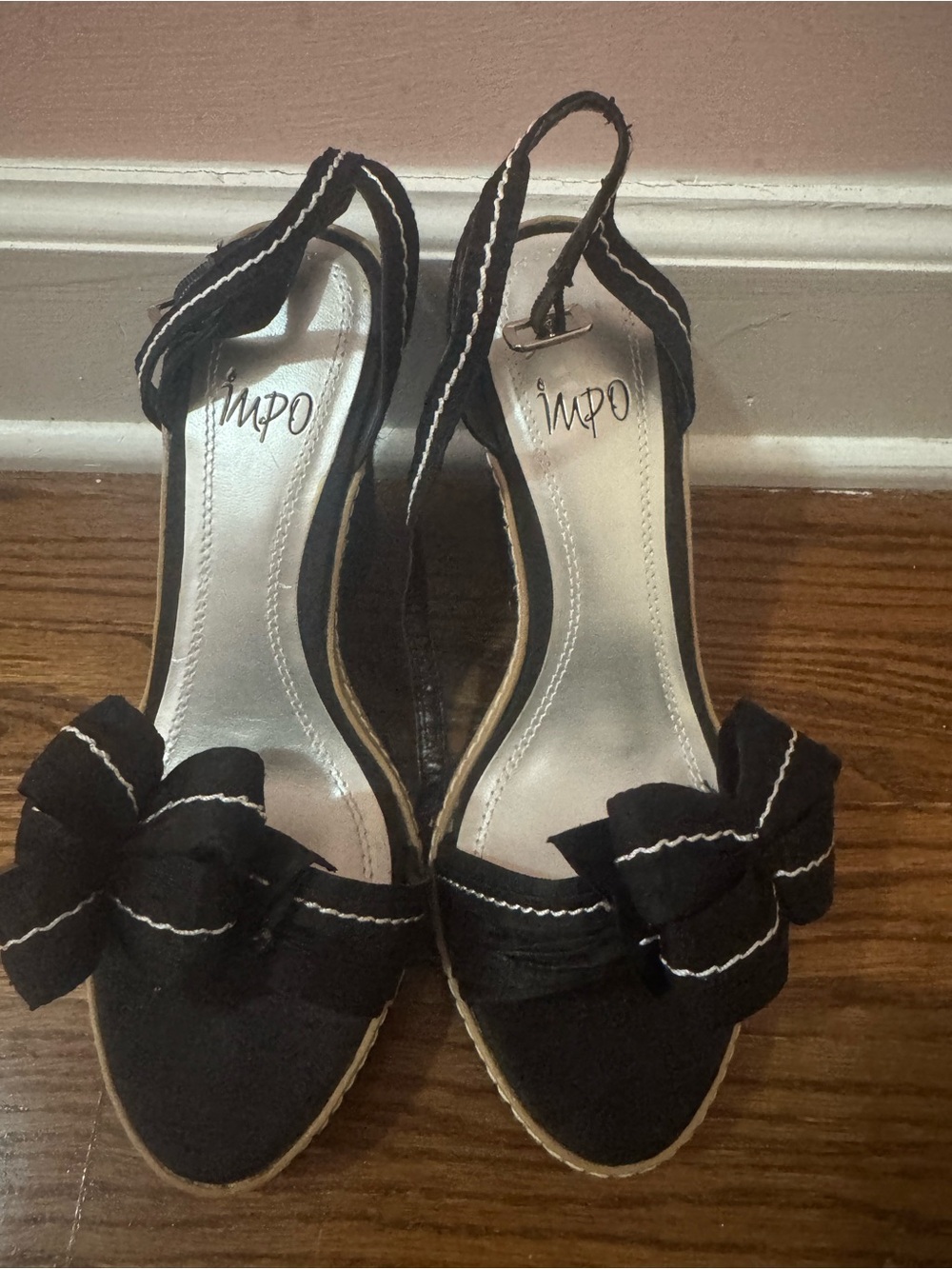 Impo Black Bow Slingback Wedge Sandals with Contrast Stitching